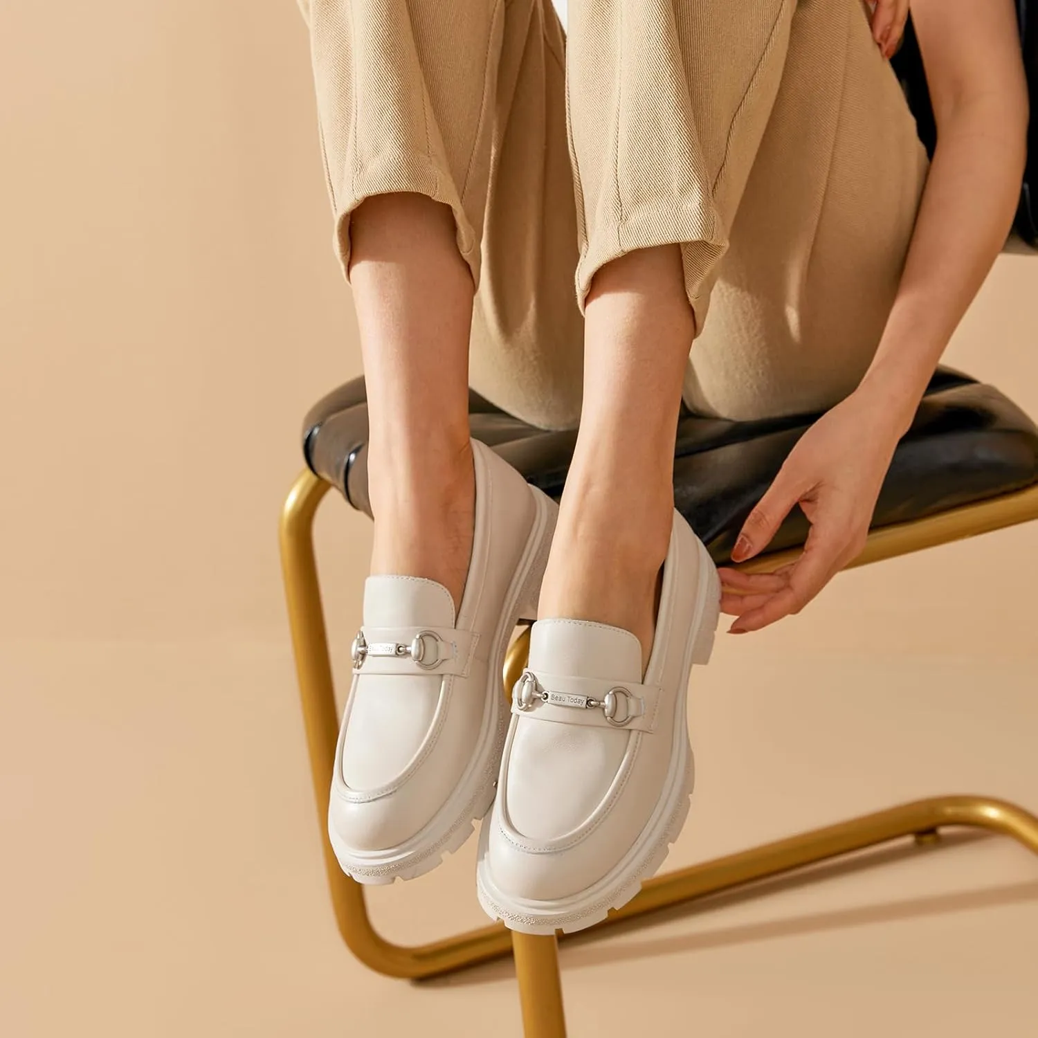 BEAU TODAY Chunky Loafers Women,Patent Full Grain Leather Loafers for Women,Comfortable Slip-on Fashion Platform Shoes, Non Slip Business Casual Work Office Square Toe Dress Shoes