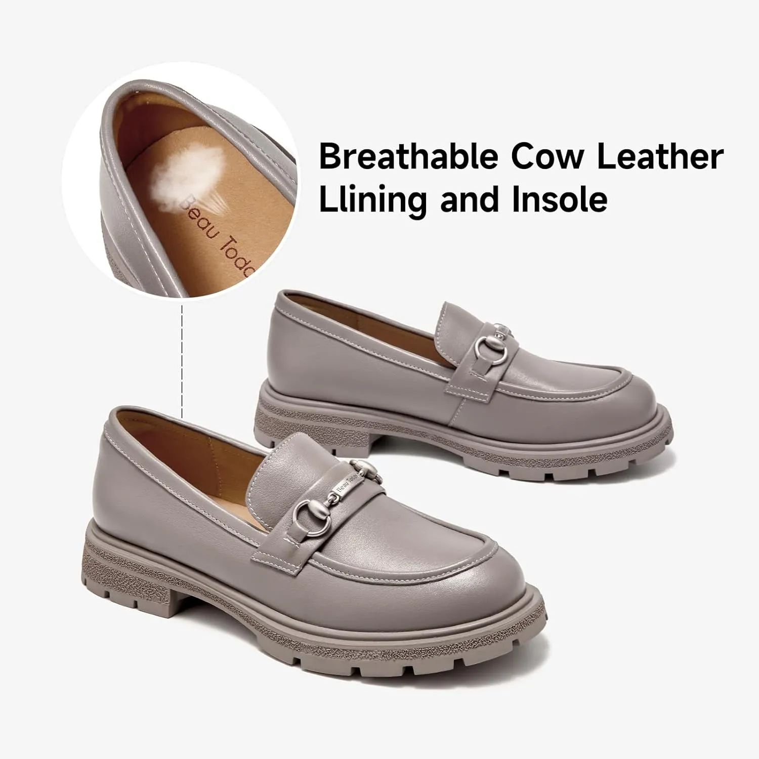BEAU TODAY Chunky Loafers Women,Patent Full Grain Leather Loafers for Women,Comfortable Slip-on Fashion Platform Shoes, Non Slip Business Casual Work Office Square Toe Dress Shoes