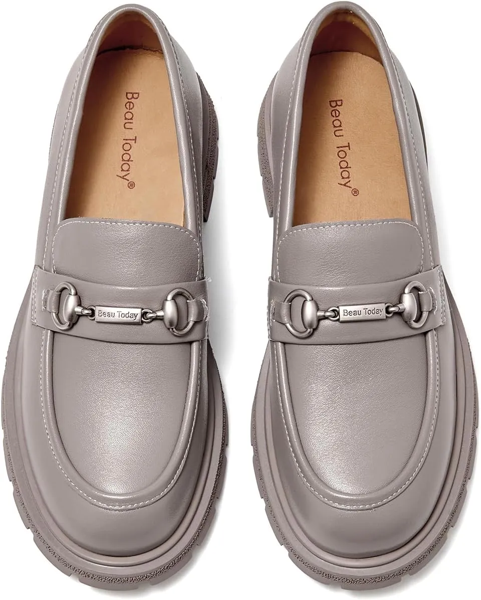 BEAU TODAY Chunky Loafers Women,Patent Full Grain Leather Loafers for Women,Comfortable Slip-on Fashion Platform Shoes, Non Slip Business Casual Work Office Square Toe Dress Shoes