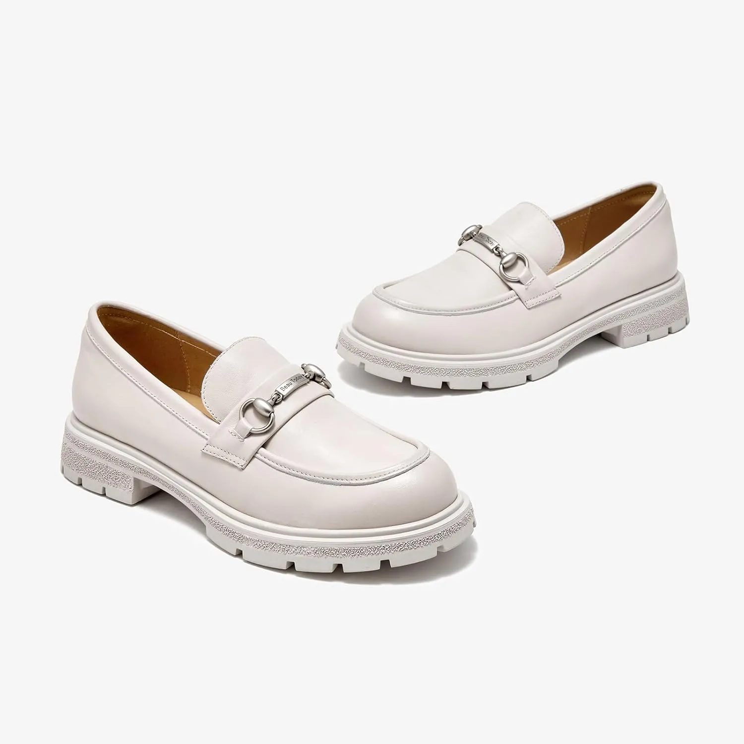 BEAU TODAY Chunky Loafers Women,Patent Full Grain Leather Loafers for Women,Comfortable Slip-on Fashion Platform Shoes, Non Slip Business Casual Work Office Square Toe Dress Shoes
