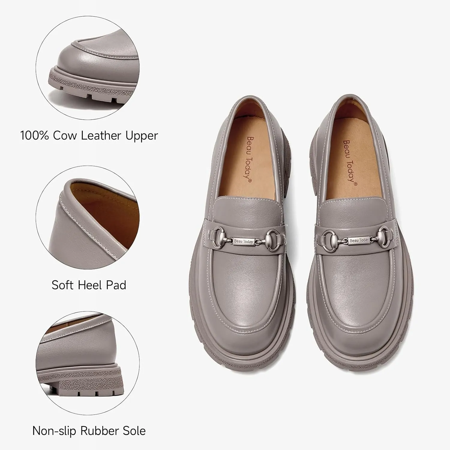 BEAU TODAY Chunky Loafers Women,Patent Full Grain Leather Loafers for Women,Comfortable Slip-on Fashion Platform Shoes, Non Slip Business Casual Work Office Square Toe Dress Shoes