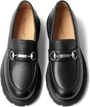 BEAU TODAY Chunky Loafers Women,Patent Full Grain Leather Loafers for Women,Comfortable Slip-on Fashion Platform Shoes, Non Slip Business Casual Work Office Square Toe Dress Shoes