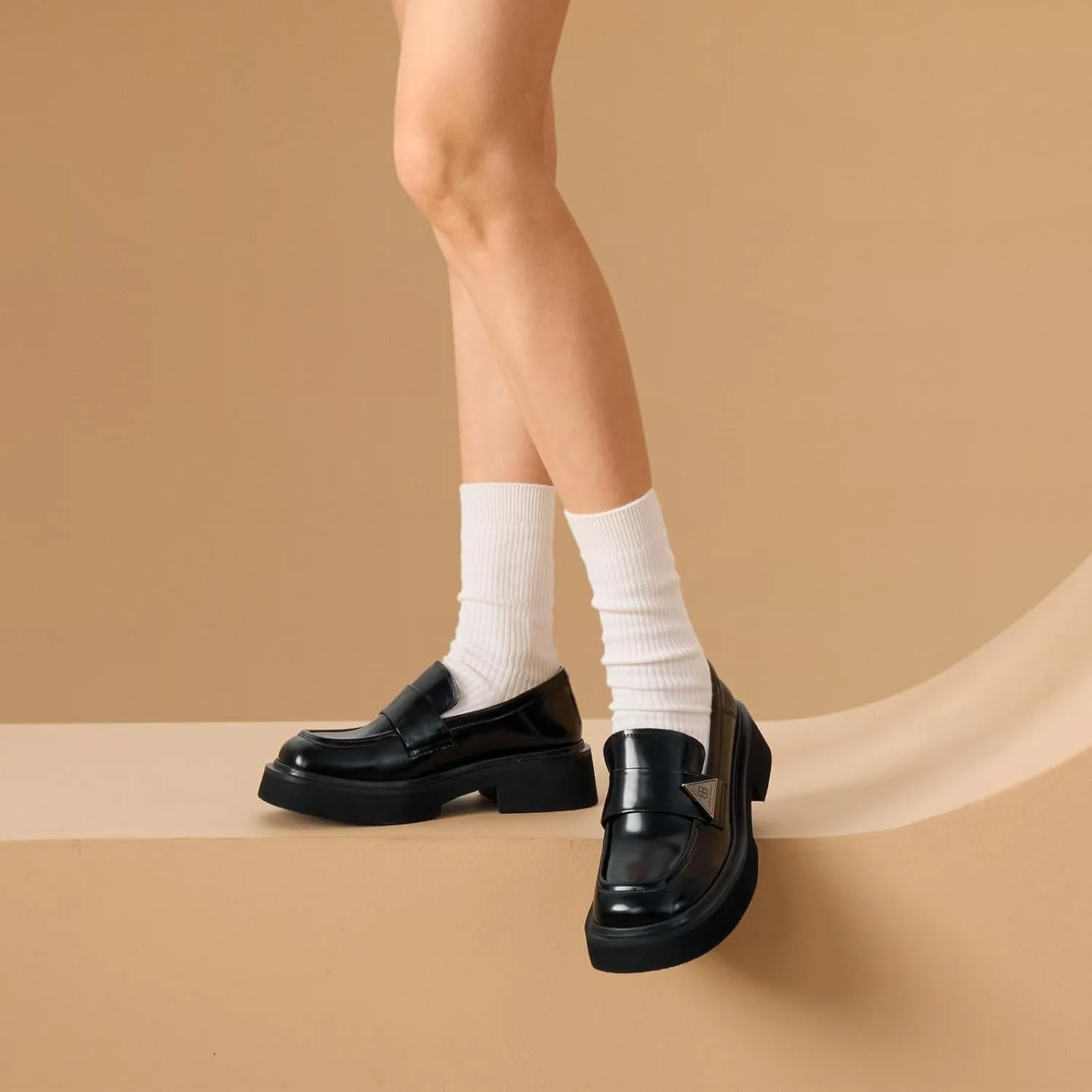 BEAU TODAY Chunky Loafers Women,Patent Full Grain Leather Loafers for Women,Comfortable Slip-on Fashion Platform Shoes, Non Slip Business Casual Work Office Square Toe Dress Shoes