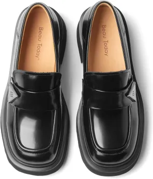 BEAU TODAY Chunky Loafers Women,Patent Full Grain Leather Loafers for Women,Comfortable Slip-on Fashion Platform Shoes, Non Slip Business Casual Work Office Square Toe Dress Shoes
