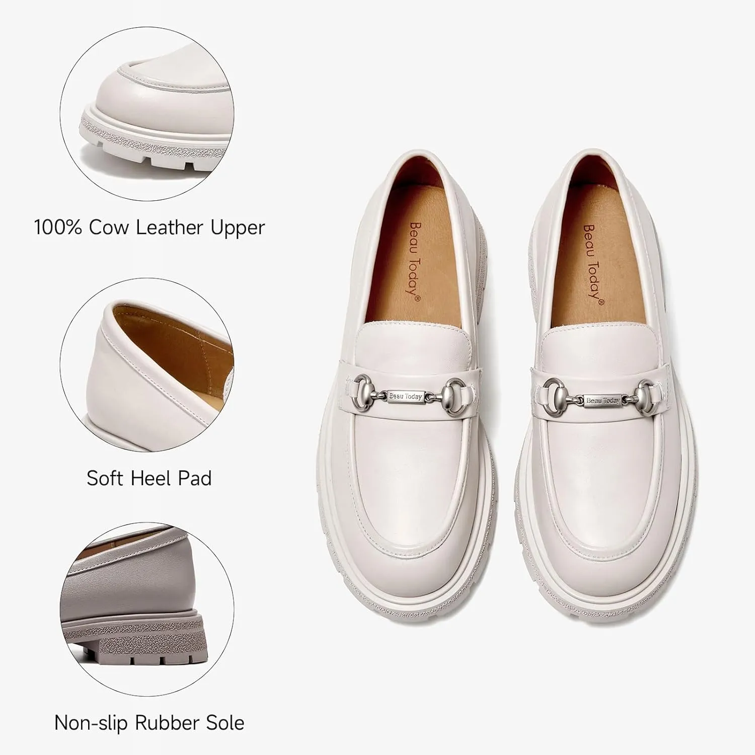 BEAU TODAY Chunky Loafers Women,Patent Full Grain Leather Loafers for Women,Comfortable Slip-on Fashion Platform Shoes, Non Slip Business Casual Work Office Square Toe Dress Shoes