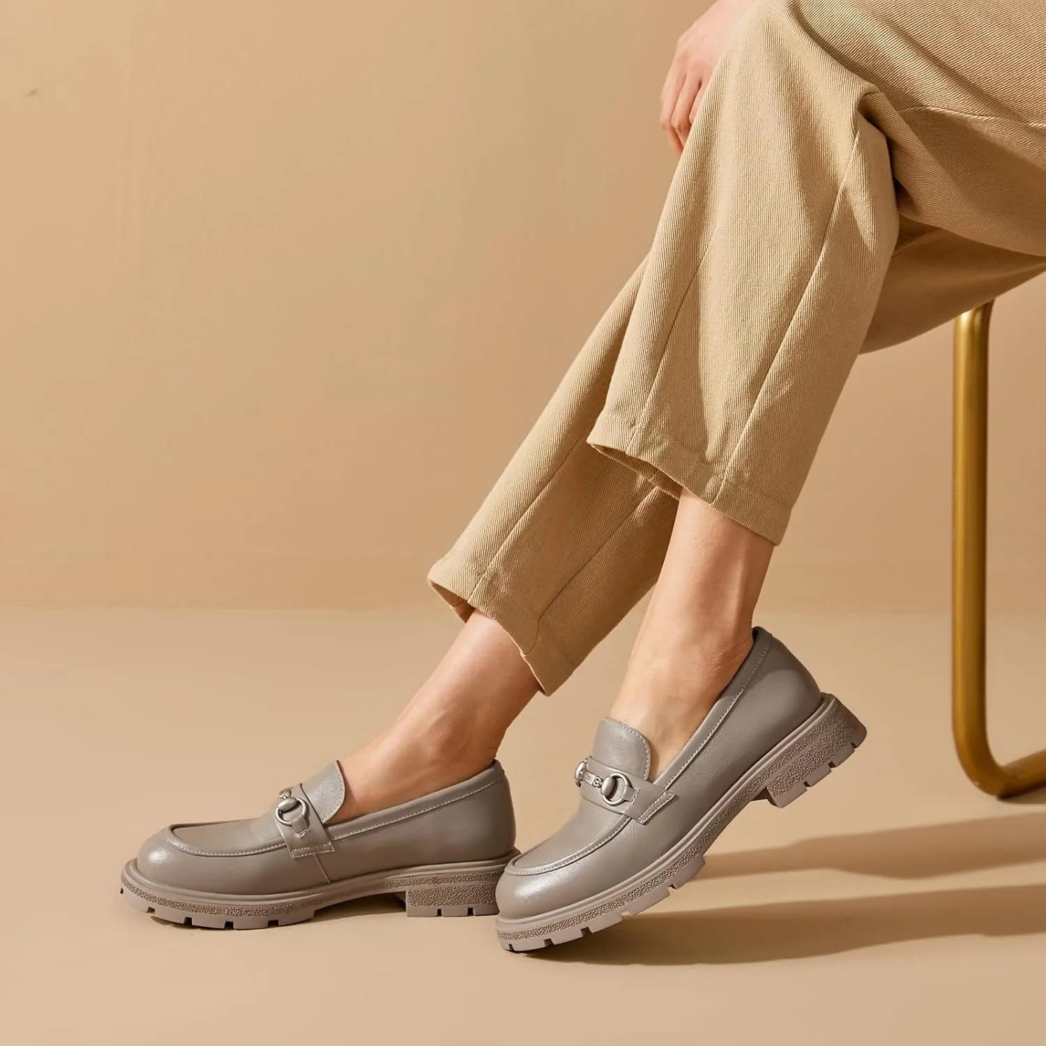 BEAU TODAY Chunky Loafers Women,Patent Full Grain Leather Loafers for Women,Comfortable Slip-on Fashion Platform Shoes, Non Slip Business Casual Work Office Square Toe Dress Shoes