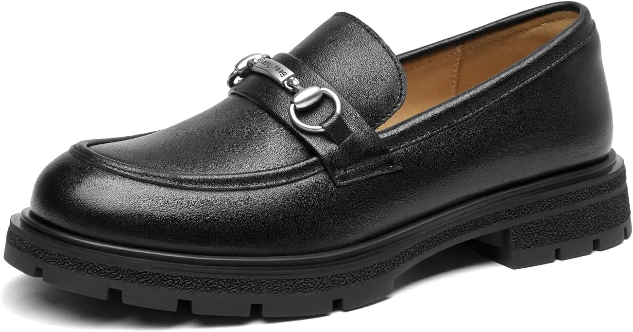 BEAU TODAY Chunky Loafers Women,Patent Full Grain Leather Loafers for Women,Comfortable Slip-on Fashion Platform Shoes, Non Slip Business Casual Work Office Square Toe Dress Shoes