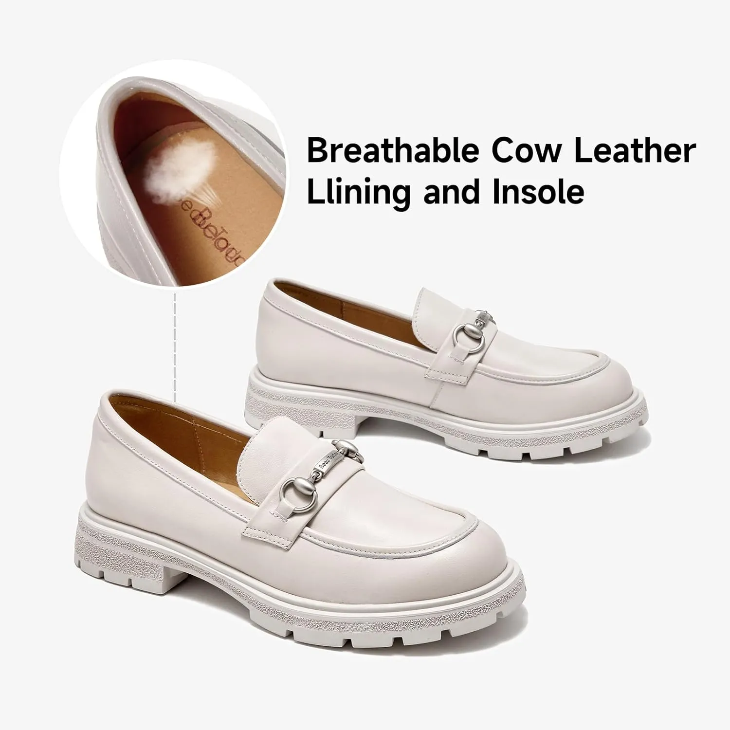 BEAU TODAY Chunky Loafers Women,Patent Full Grain Leather Loafers for Women,Comfortable Slip-on Fashion Platform Shoes, Non Slip Business Casual Work Office Square Toe Dress Shoes