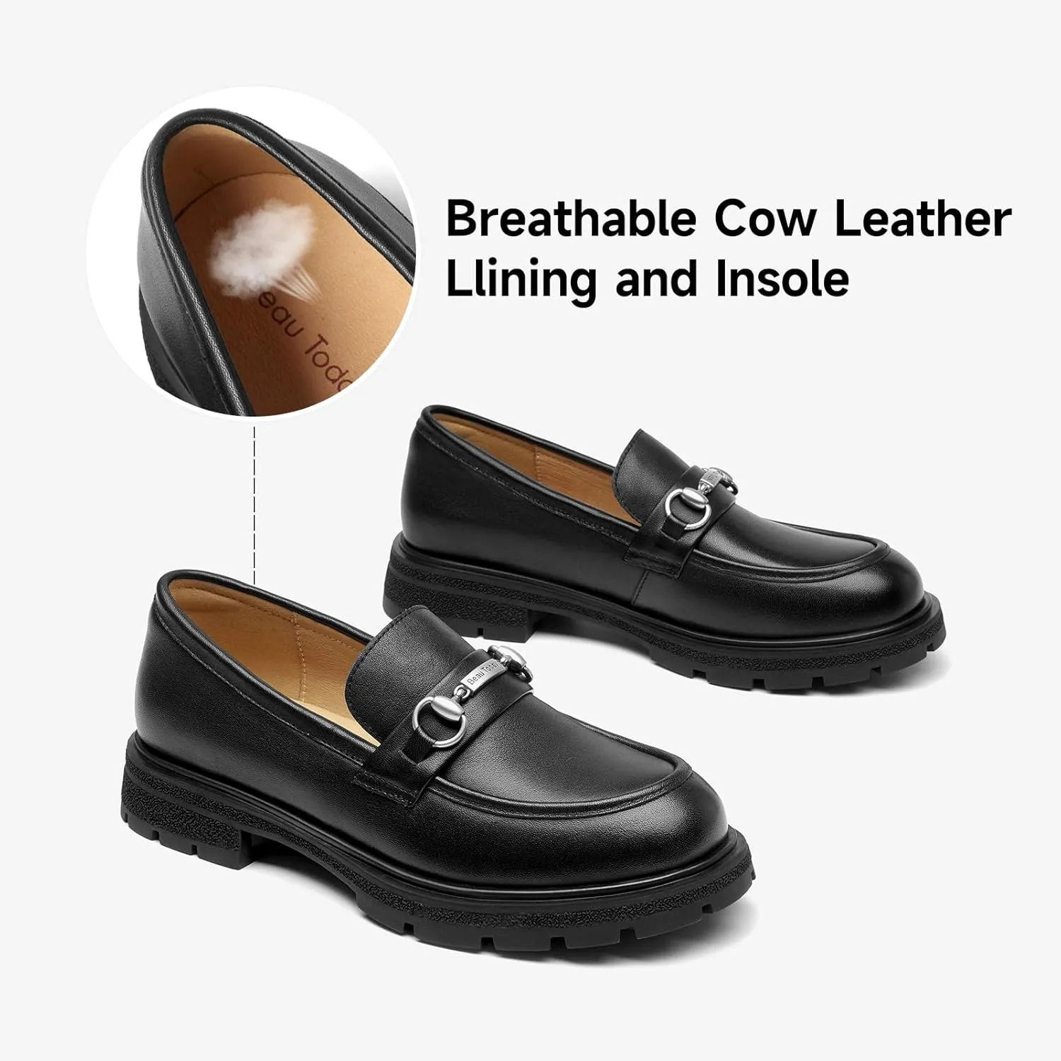 BEAU TODAY Chunky Loafers Women,Patent Full Grain Leather Loafers for Women,Comfortable Slip-on Fashion Platform Shoes, Non Slip Business Casual Work Office Square Toe Dress Shoes