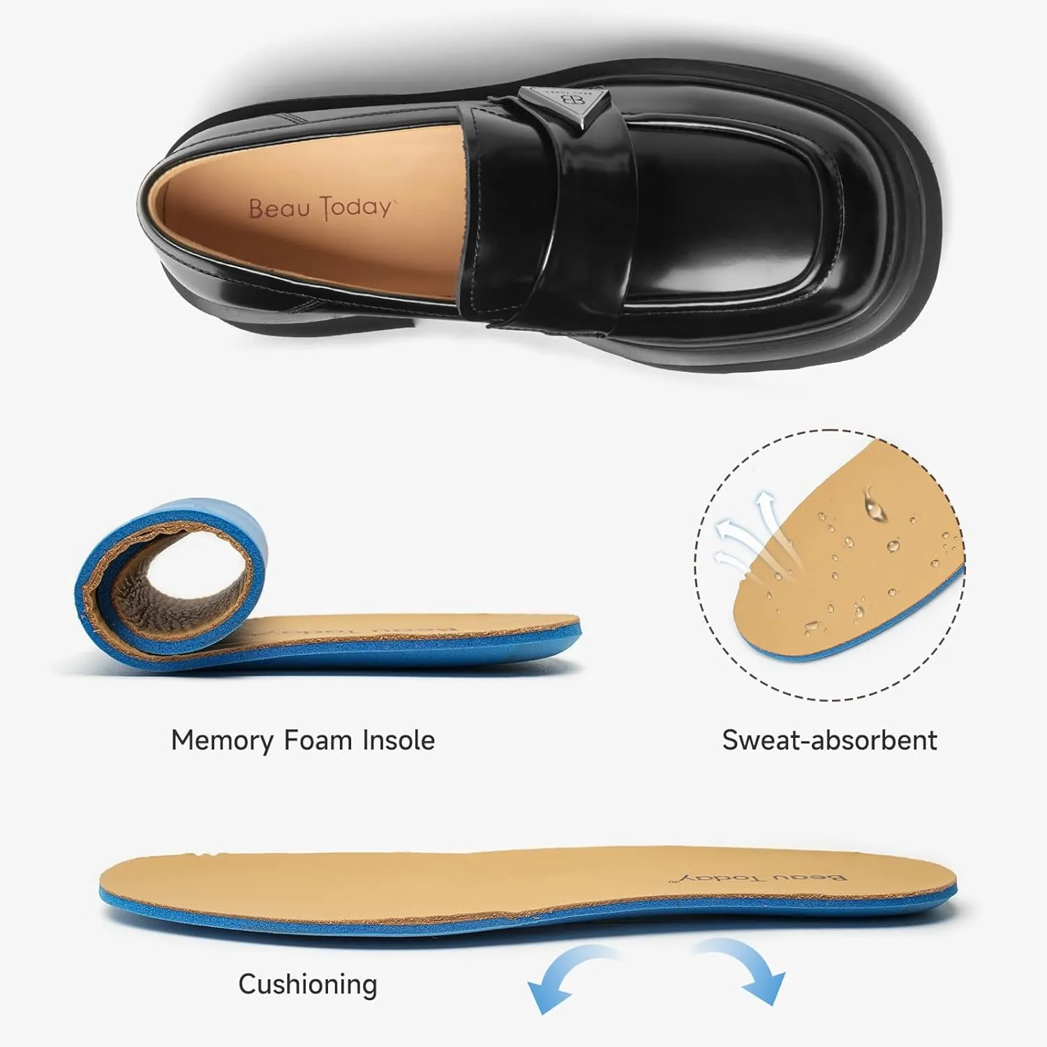 BEAU TODAY Chunky Loafers Women,Patent Full Grain Leather Loafers for Women,Comfortable Slip-on Fashion Platform Shoes, Non Slip Business Casual Work Office Square Toe Dress Shoes