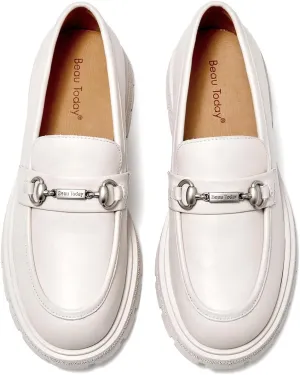 BEAU TODAY Chunky Loafers Women,Patent Full Grain Leather Loafers for Women,Comfortable Slip-on Fashion Platform Shoes, Non Slip Business Casual Work Office Square Toe Dress Shoes