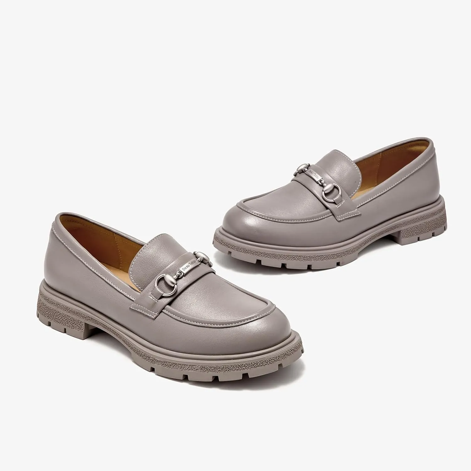 BEAU TODAY Chunky Loafers Women,Patent Full Grain Leather Loafers for Women,Comfortable Slip-on Fashion Platform Shoes, Non Slip Business Casual Work Office Square Toe Dress Shoes