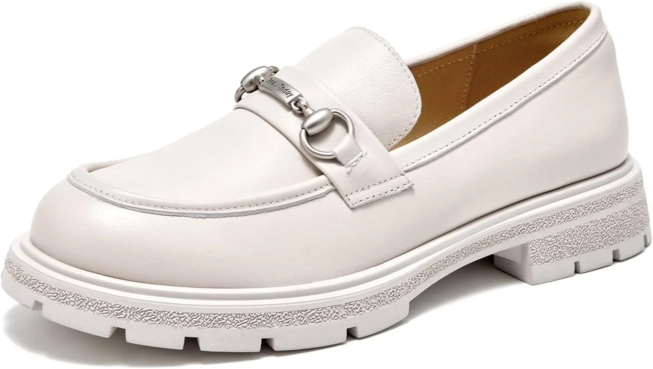 BEAU TODAY Chunky Loafers Women,Patent Full Grain Leather Loafers for Women,Comfortable Slip-on Fashion Platform Shoes, Non Slip Business Casual Work Office Square Toe Dress Shoes