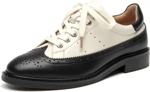 BEAU TODAY Oxford Shoes for Women, Wingtip Brogue Leather Oxfords, Lace Up Saddle Oxford Shoes for Women, Vintage Dress Flat Oxfords, Comfortable Casual Business Office Work Shoes
