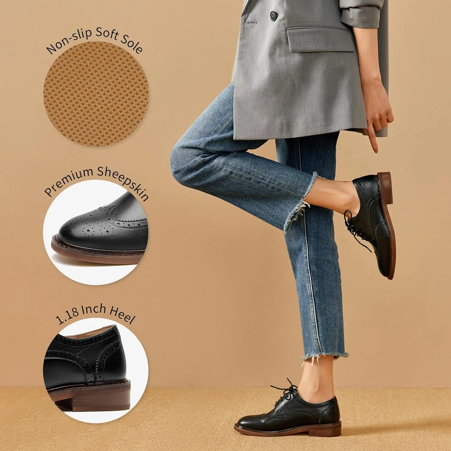 BEAU TODAY Oxford Shoes for Women,Leather Brogue Dress Shoes,Comfort Brethable Ladies Lace-up Handmade Wingtip Shoes for Business Work