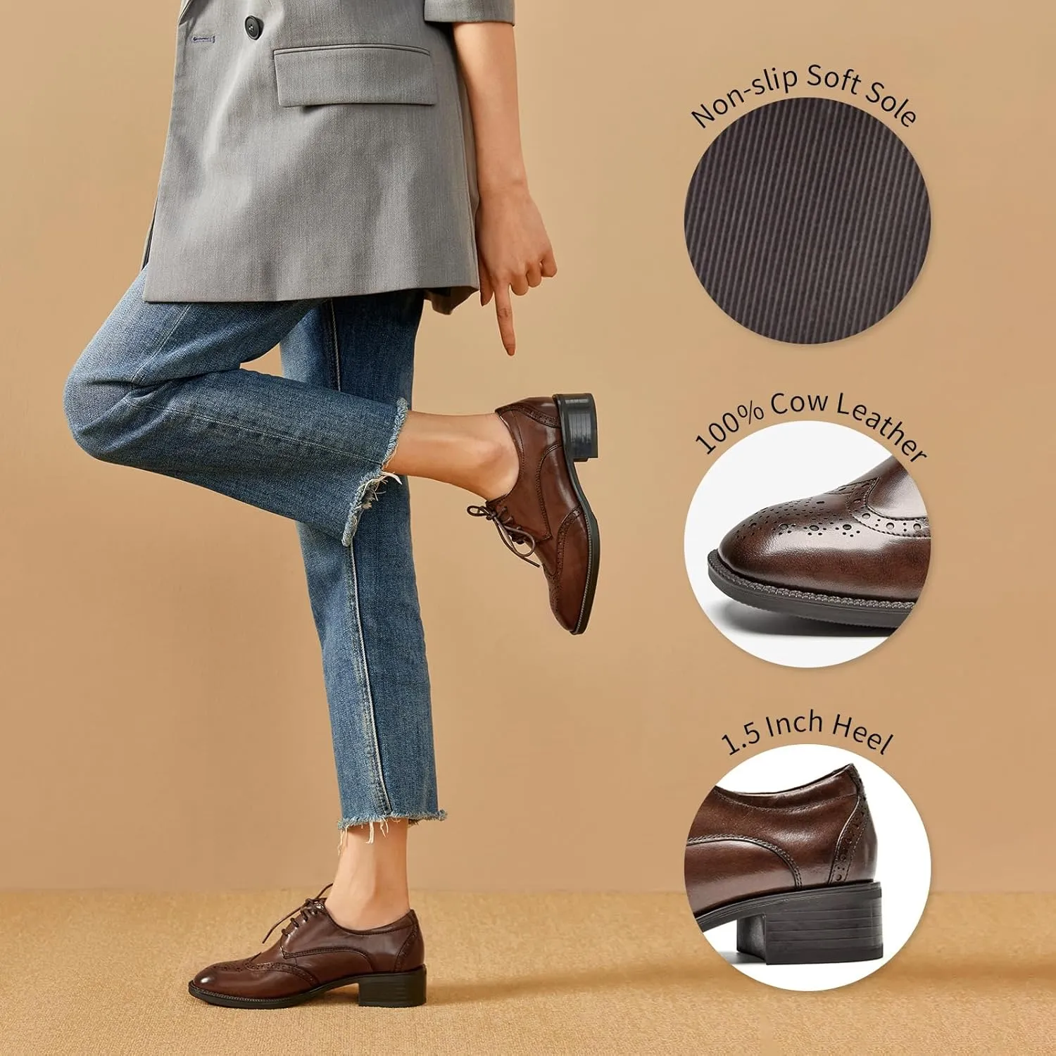 BEAU TODAY Oxford Shoes for Women,Leather Brogue Dress Shoes,Comfort Brethable Ladies Lace-up Handmade Wingtip Shoes for Business Work