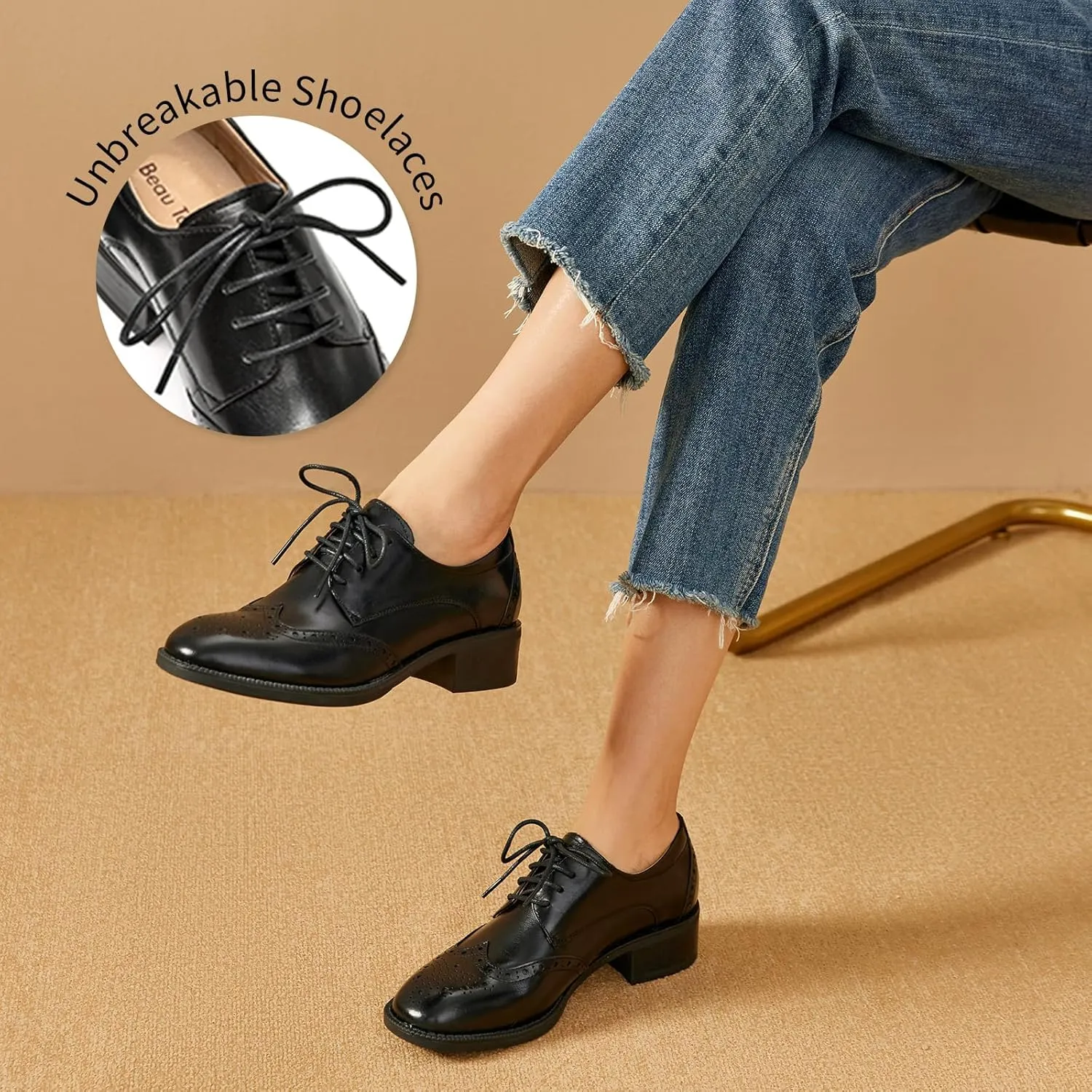 BEAU TODAY Oxford Shoes for Women,Leather Brogue Dress Shoes,Comfort Brethable Ladies Lace-up Handmade Wingtip Shoes for Business Work