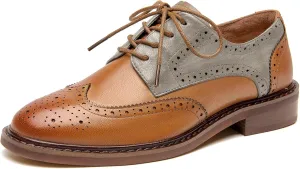BEAU TODAY Oxford Shoes for Women,Leather Brogue Dress Shoes,Comfort Brethable Ladies Lace-up Handmade Wingtip Shoes for Business Work