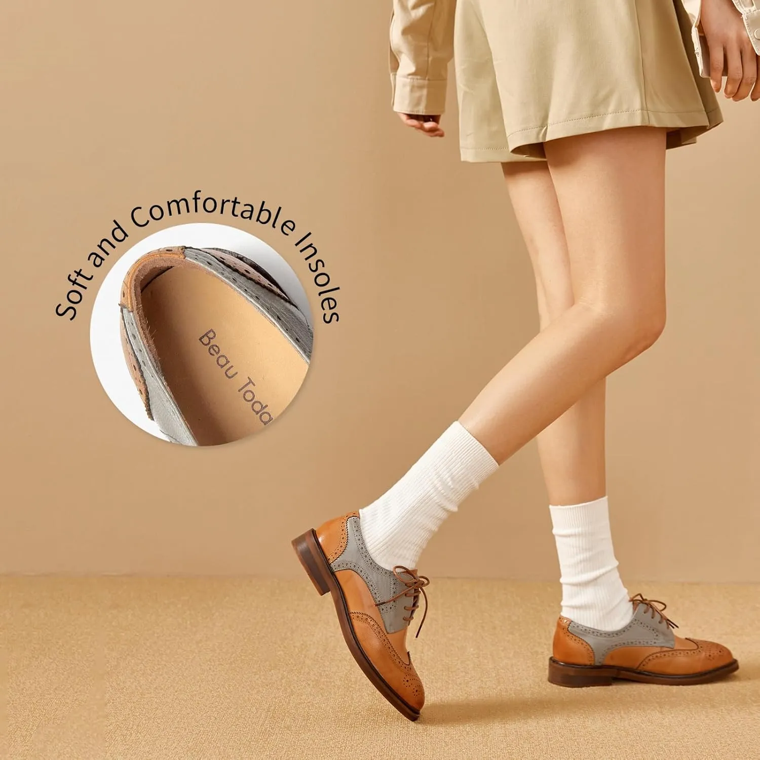 BEAU TODAY Oxford Shoes for Women,Leather Brogue Dress Shoes,Comfort Brethable Ladies Lace-up Handmade Wingtip Shoes for Business Work