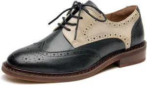 BEAU TODAY Oxford Shoes for Women,Leather Brogue Dress Shoes,Comfort Brethable Ladies Lace-up Handmade Wingtip Shoes for Business Work