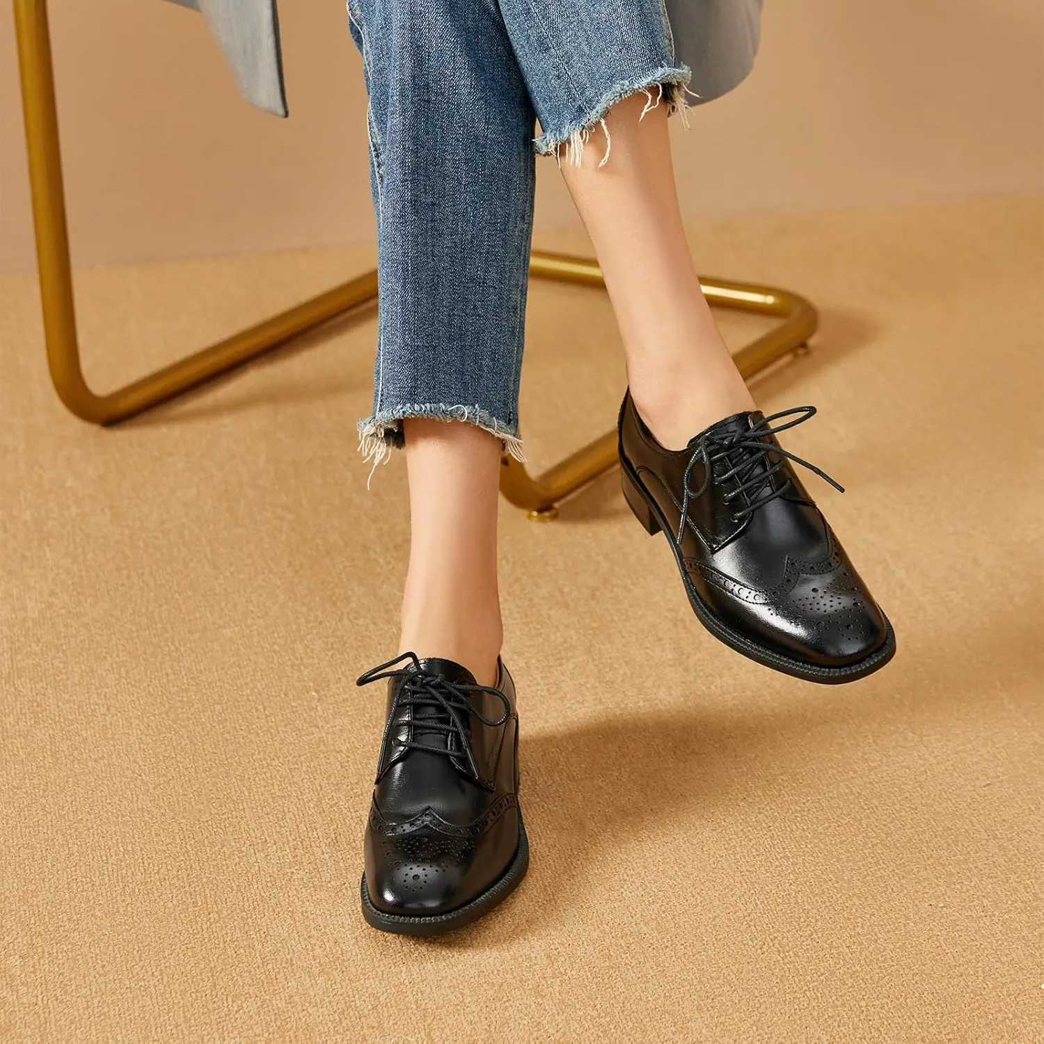 BEAU TODAY Oxford Shoes for Women,Leather Brogue Dress Shoes,Comfort Brethable Ladies Lace-up Handmade Wingtip Shoes for Business Work