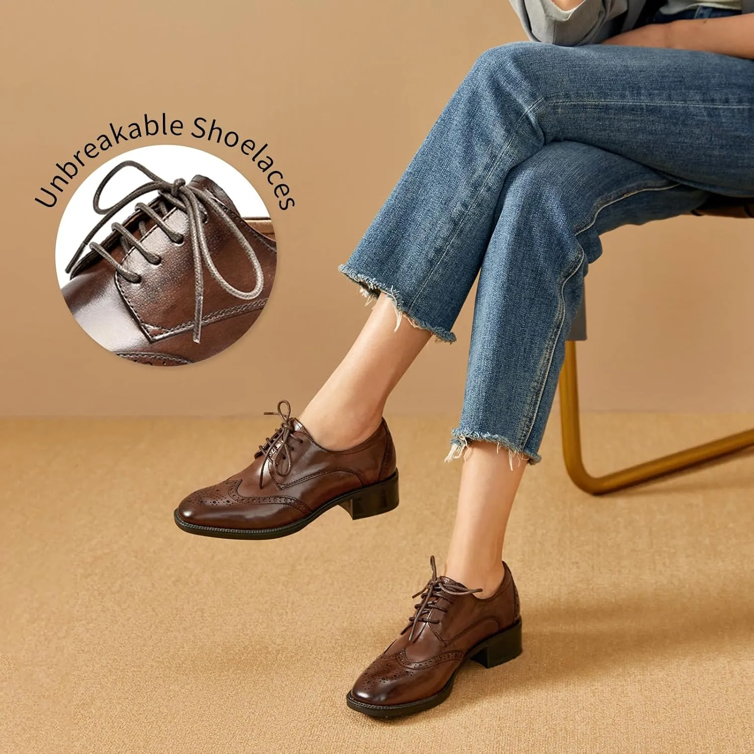 BEAU TODAY Oxford Shoes for Women,Leather Brogue Dress Shoes,Comfort Brethable Ladies Lace-up Handmade Wingtip Shoes for Business Work