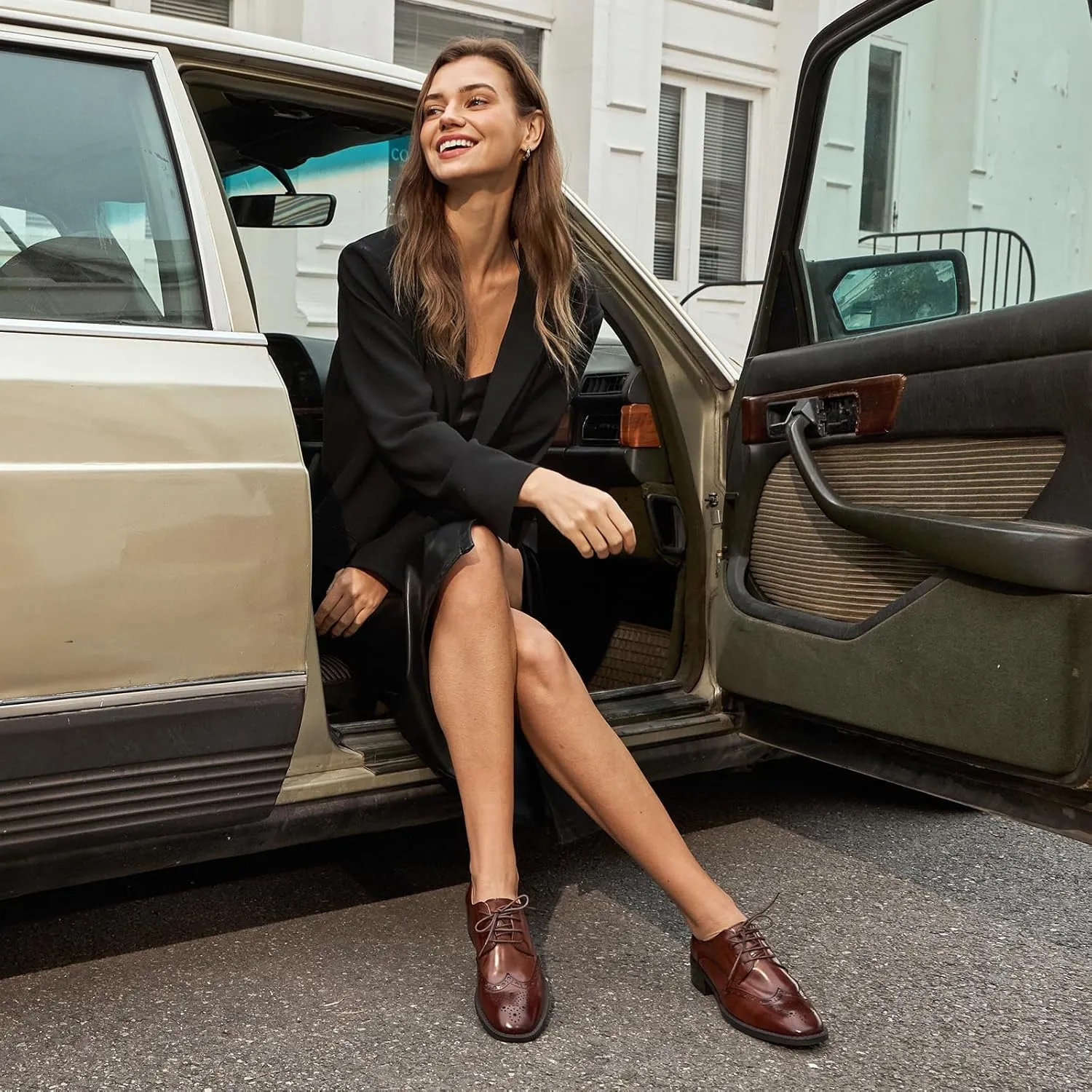 BEAU TODAY Oxford Shoes for Women,Leather Brogue Dress Shoes,Comfort Brethable Ladies Lace-up Handmade Wingtip Shoes for Business Work