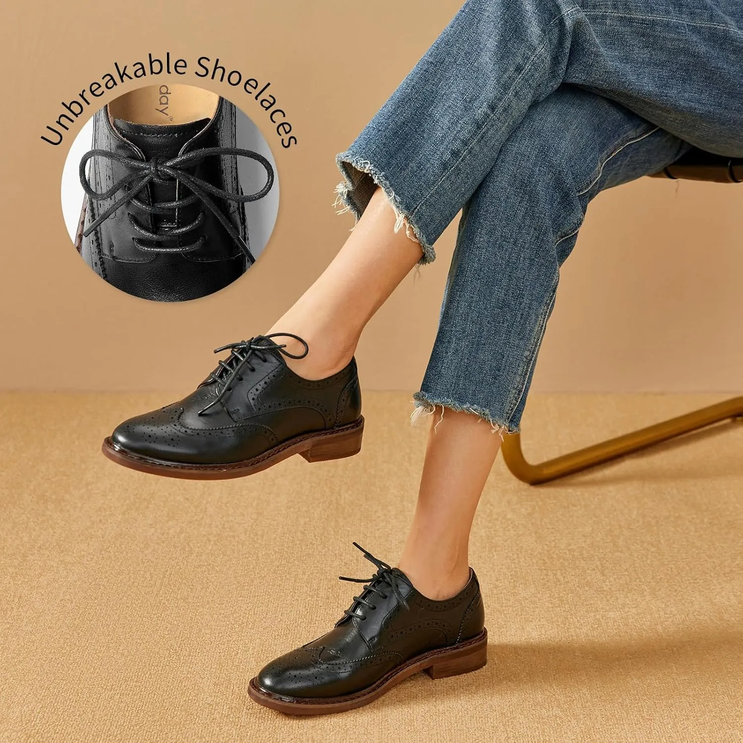 BEAU TODAY Oxford Shoes for Women,Leather Brogue Dress Shoes,Comfort Brethable Ladies Lace-up Handmade Wingtip Shoes for Business Work