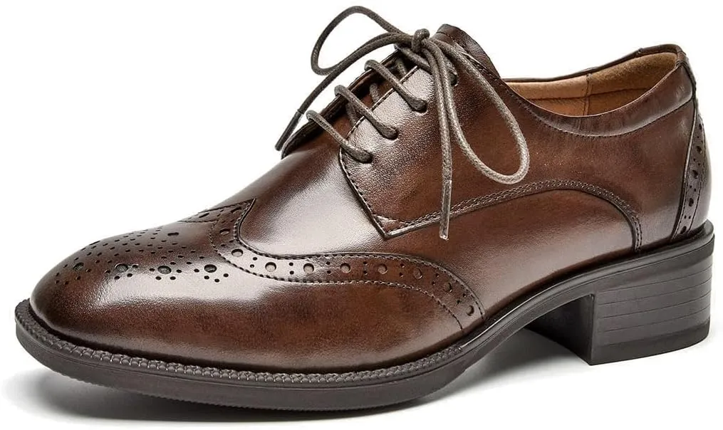 BEAU TODAY Oxford Shoes for Women,Leather Brogue Dress Shoes,Comfort Brethable Ladies Lace-up Handmade Wingtip Shoes for Business Work