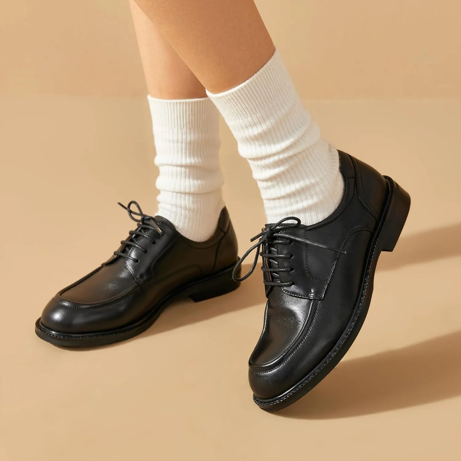 BEAU TODAY Oxford Shoes for Women,Leather Brogue Dress Shoes,Comfort Brethable Ladies Lace-up Handmade Wingtip Shoes for Business Work
