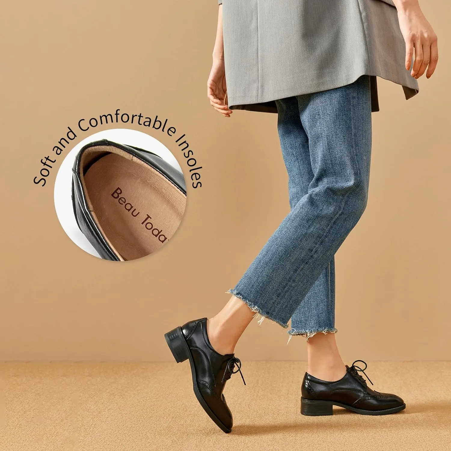 BEAU TODAY Oxford Shoes for Women,Leather Brogue Dress Shoes,Comfort Brethable Ladies Lace-up Handmade Wingtip Shoes for Business Work