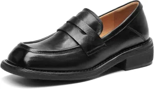 BEAU TODAY Penny Loafers for Women, Women’s Slip On Leather Loafers, Chunky Tassel Loafers Square Toe Shoes, Comfortable Dressy Business Casual Non-Slip Office Ladies Shoes