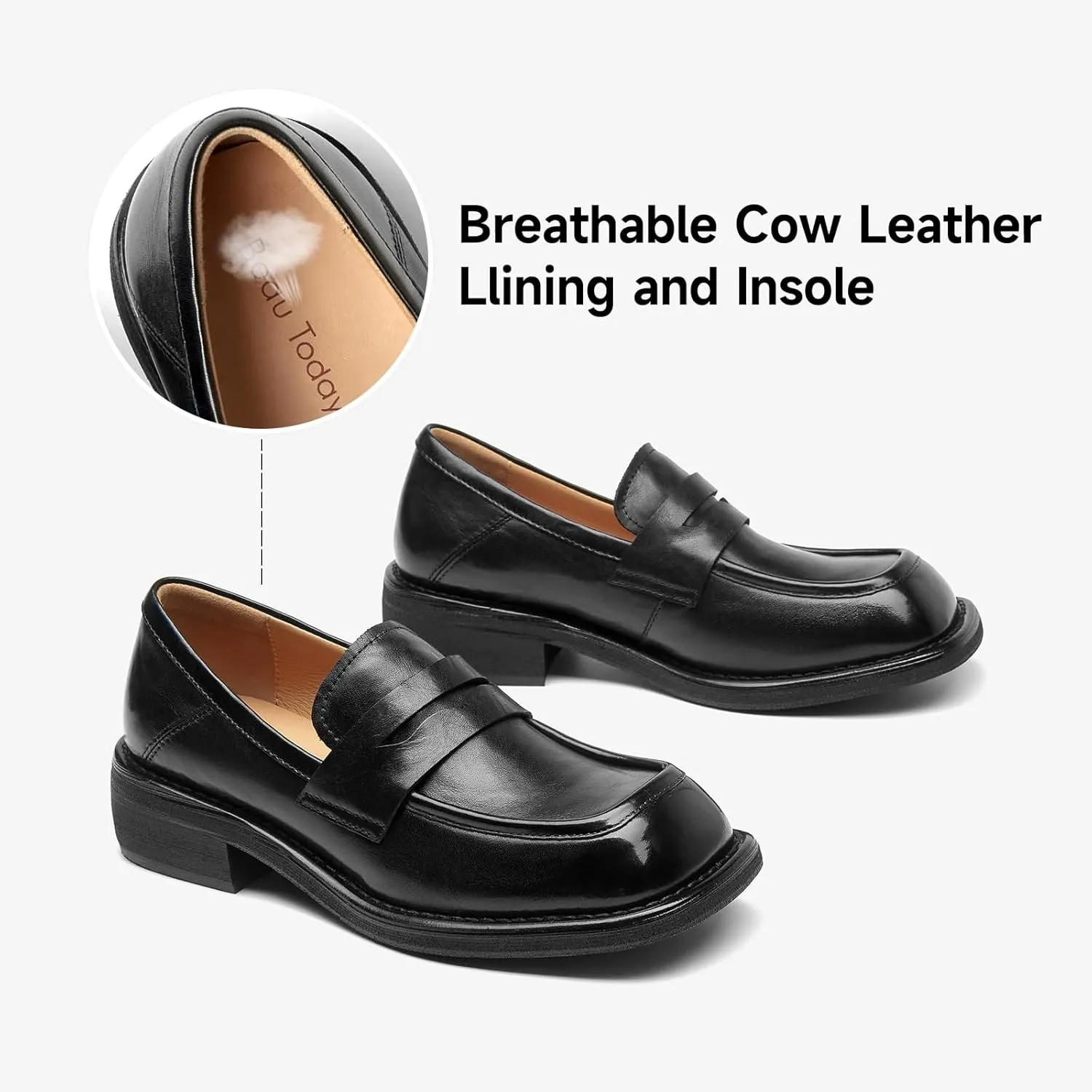 BEAU TODAY Penny Loafers for Women, Women’s Slip On Leather Loafers, Chunky Tassel Loafers Square Toe Shoes, Comfortable Dressy Business Casual Non-Slip Office Ladies Shoes