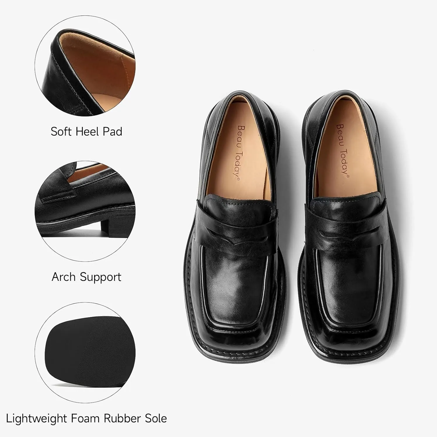 BEAU TODAY Penny Loafers for Women, Women’s Slip On Leather Loafers, Chunky Tassel Loafers Square Toe Shoes, Comfortable Dressy Business Casual Non-Slip Office Ladies Shoes