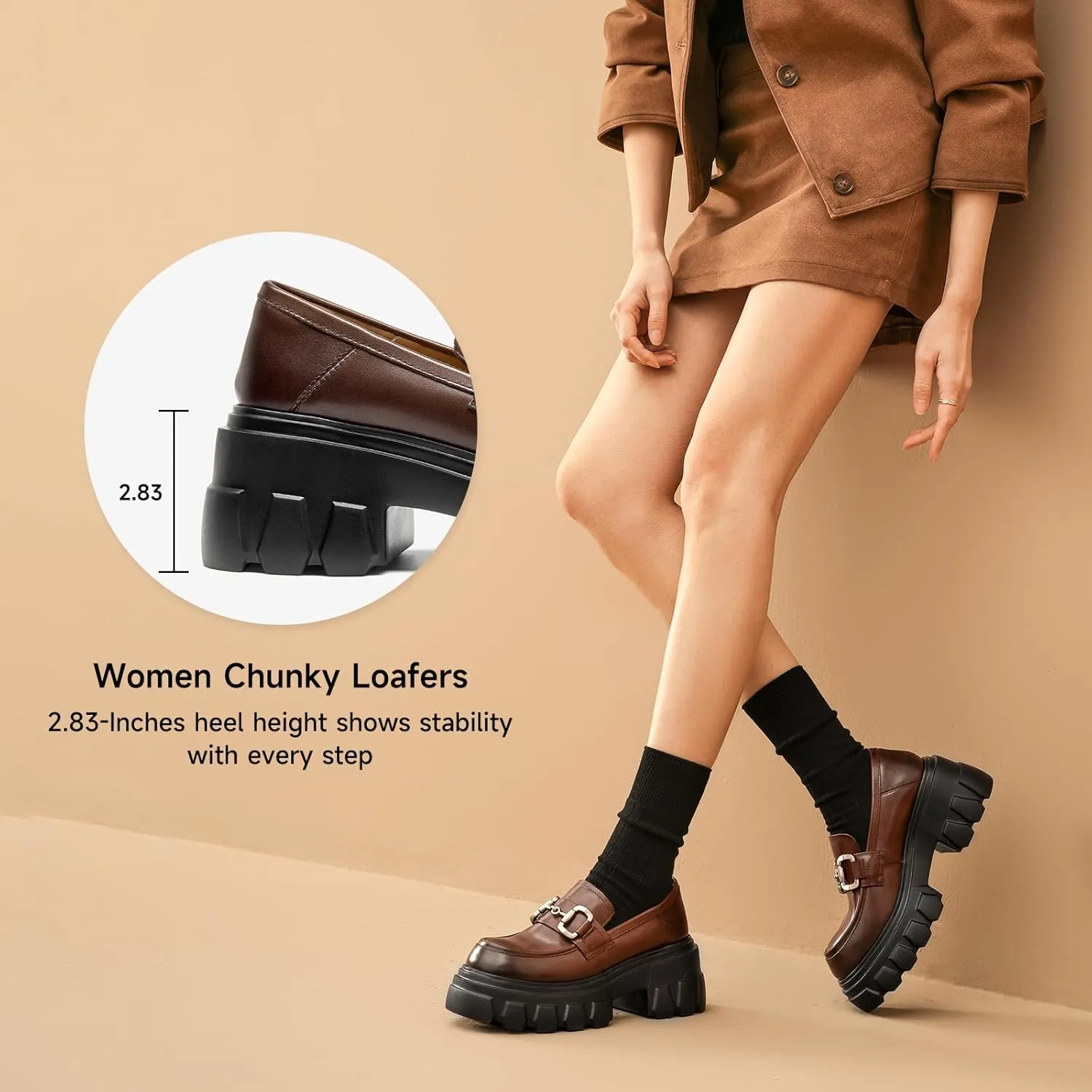 BEAU TODAY Platform Loafers for Women,Leather Chunky Loafers for Women,Heel Lug Sole Slip-on Breathable Horsebit Non-Slip Loafers for Work Business Casual