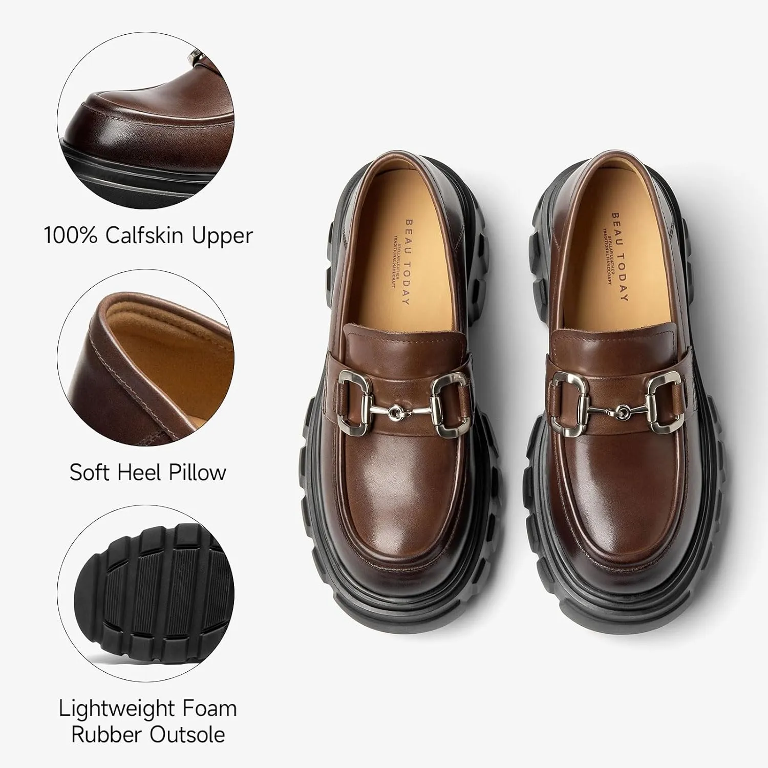 BEAU TODAY Platform Loafers for Women,Leather Chunky Loafers for Women,Heel Lug Sole Slip-on Breathable Horsebit Non-Slip Loafers for Work Business Casual