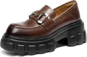 BEAU TODAY Platform Loafers for Women,Leather Chunky Loafers for Women,Heel Lug Sole Slip-on Breathable Horsebit Non-Slip Loafers for Work Business Casual