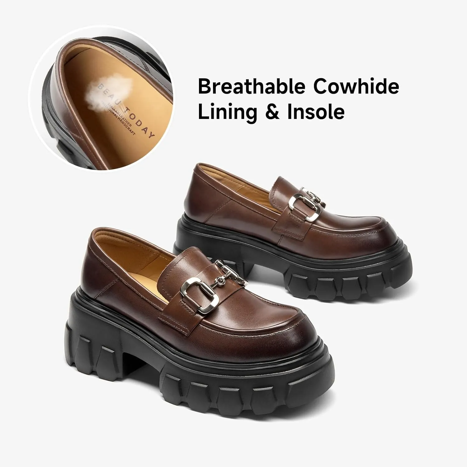 BEAU TODAY Platform Loafers for Women,Leather Chunky Loafers for Women,Heel Lug Sole Slip-on Breathable Horsebit Non-Slip Loafers for Work Business Casual
