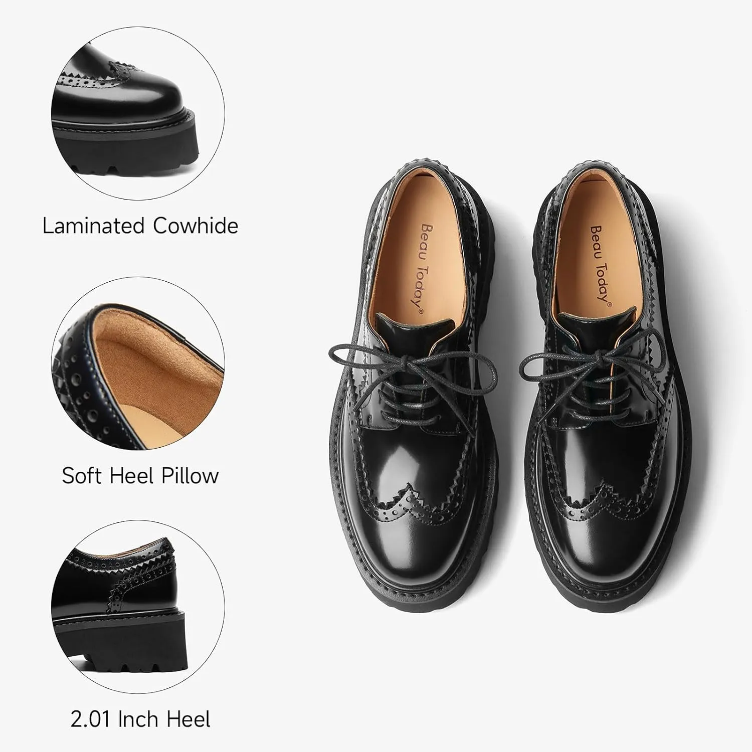 BEAU TODAY Platform Oxfords for Women, Oxford Shoes for Women, Chunky Leather Lace Up Oxford Shoes, Casual Comfort Business Work Office Dress Shoes