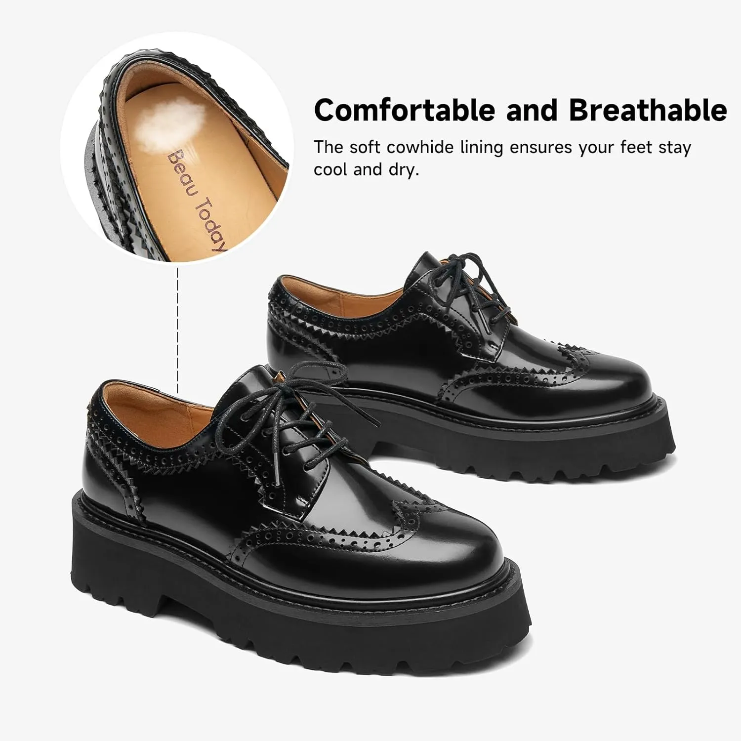BEAU TODAY Platform Oxfords for Women, Oxford Shoes for Women, Chunky Leather Lace Up Oxford Shoes, Casual Comfort Business Work Office Dress Shoes