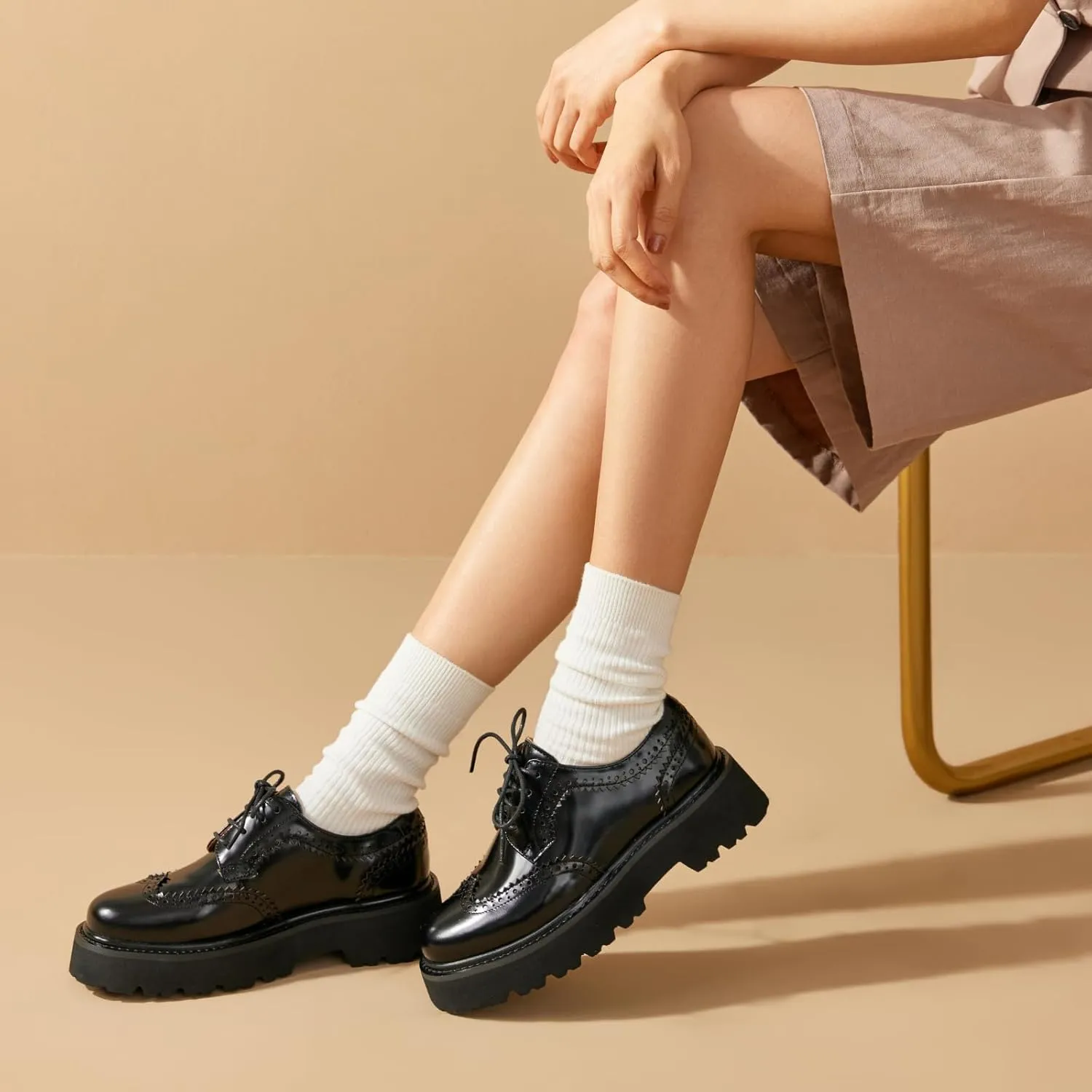 BEAU TODAY Platform Oxfords for Women, Oxford Shoes for Women, Chunky Leather Lace Up Oxford Shoes, Casual Comfort Business Work Office Dress Shoes