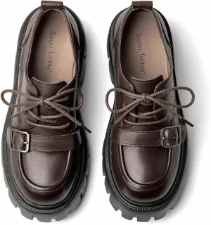 BEAU TODAY Platform Oxfords for Women, Oxford Shoes for Women, Chunky Leather Lace Up Oxford Shoes, Casual Comfort Business Work Office Dress Shoes