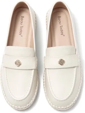 BEAU TODAY Women's Black Solid Casual Loafers, Breathable Lightweight Penny Loafers for Women, Slip-On Leather Loafers, Walking Flats