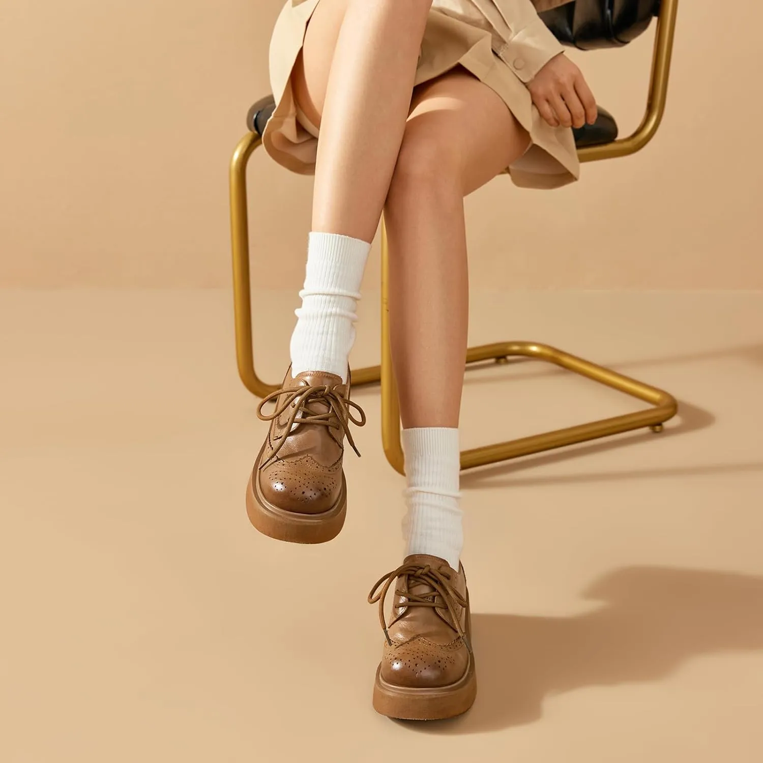 BEAU TODAY Women's Oxfords, Platform Oxfords for Women, Chunky Leather Brogue Wingtip Shoes for Women, Comfortable Business Casual Lace Up Dress Shoes