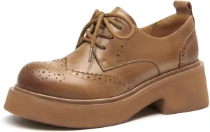 BEAU TODAY Women's Oxfords, Platform Oxfords for Women, Chunky Leather Brogue Wingtip Shoes for Women, Comfortable Business Casual Lace Up Dress Shoes