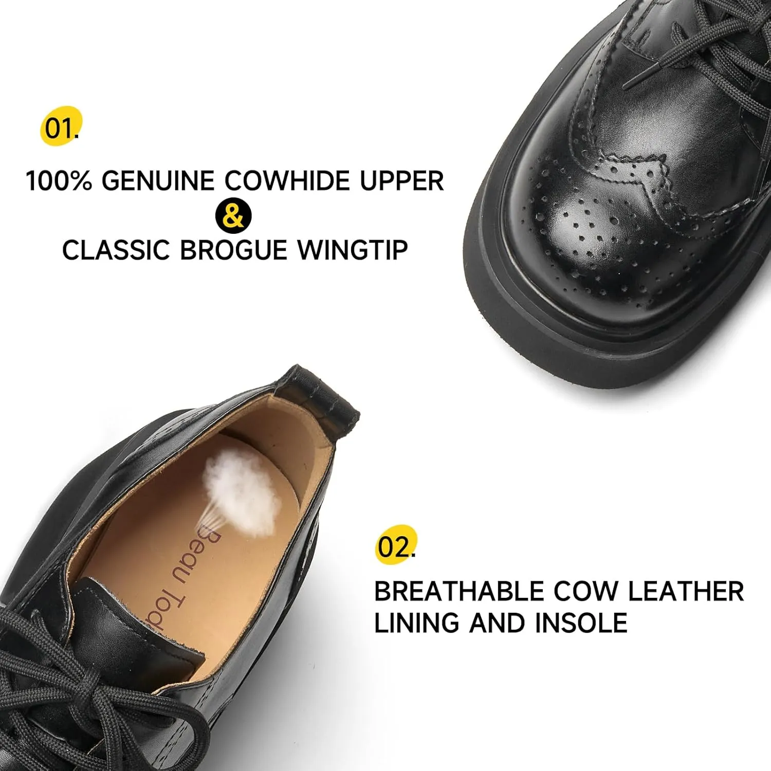 BEAU TODAY Women's Oxfords, Platform Oxfords for Women, Chunky Leather Brogue Wingtip Shoes for Women, Comfortable Business Casual Lace Up Dress Shoes