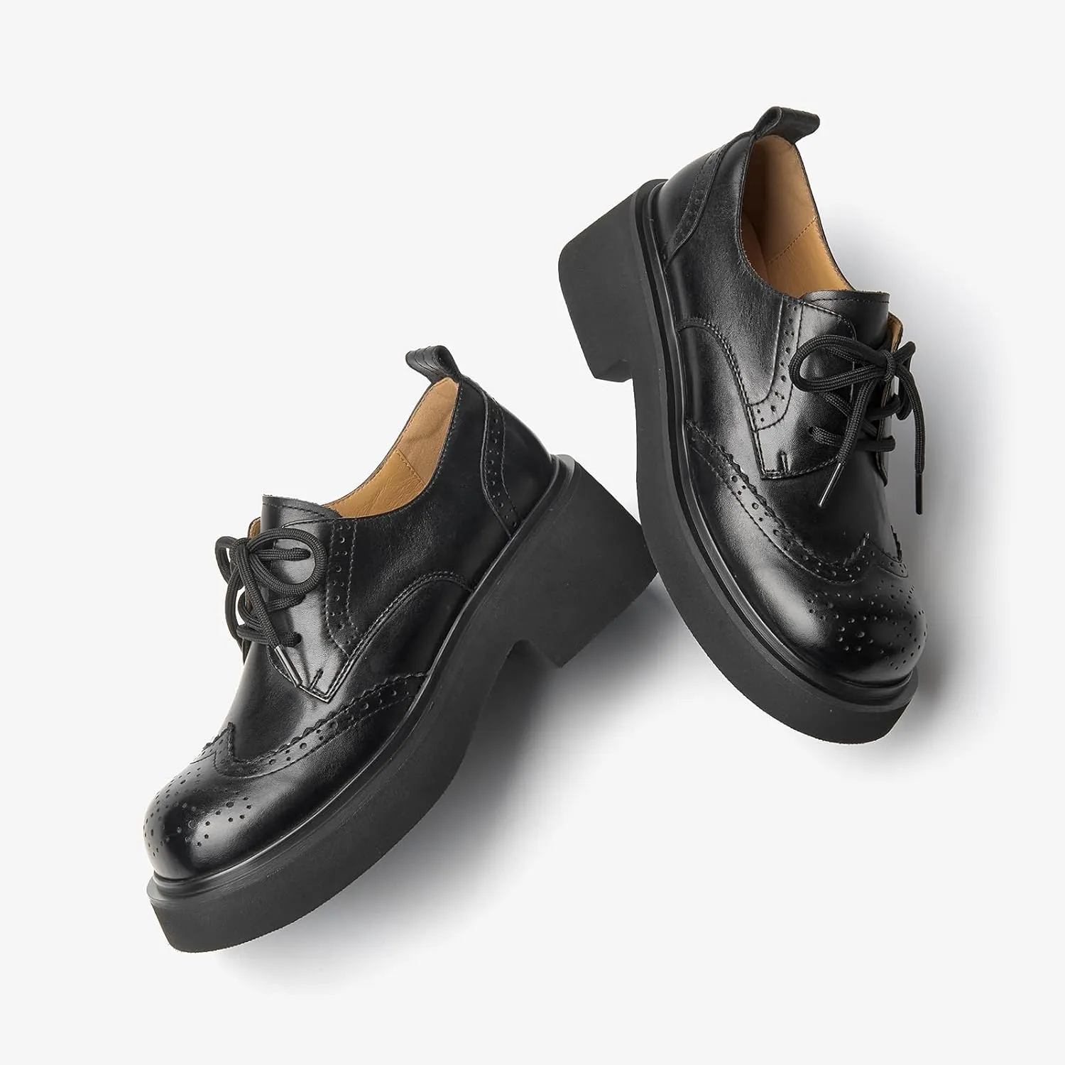 BEAU TODAY Women's Oxfords, Platform Oxfords for Women, Chunky Leather Brogue Wingtip Shoes for Women, Comfortable Business Casual Lace Up Dress Shoes