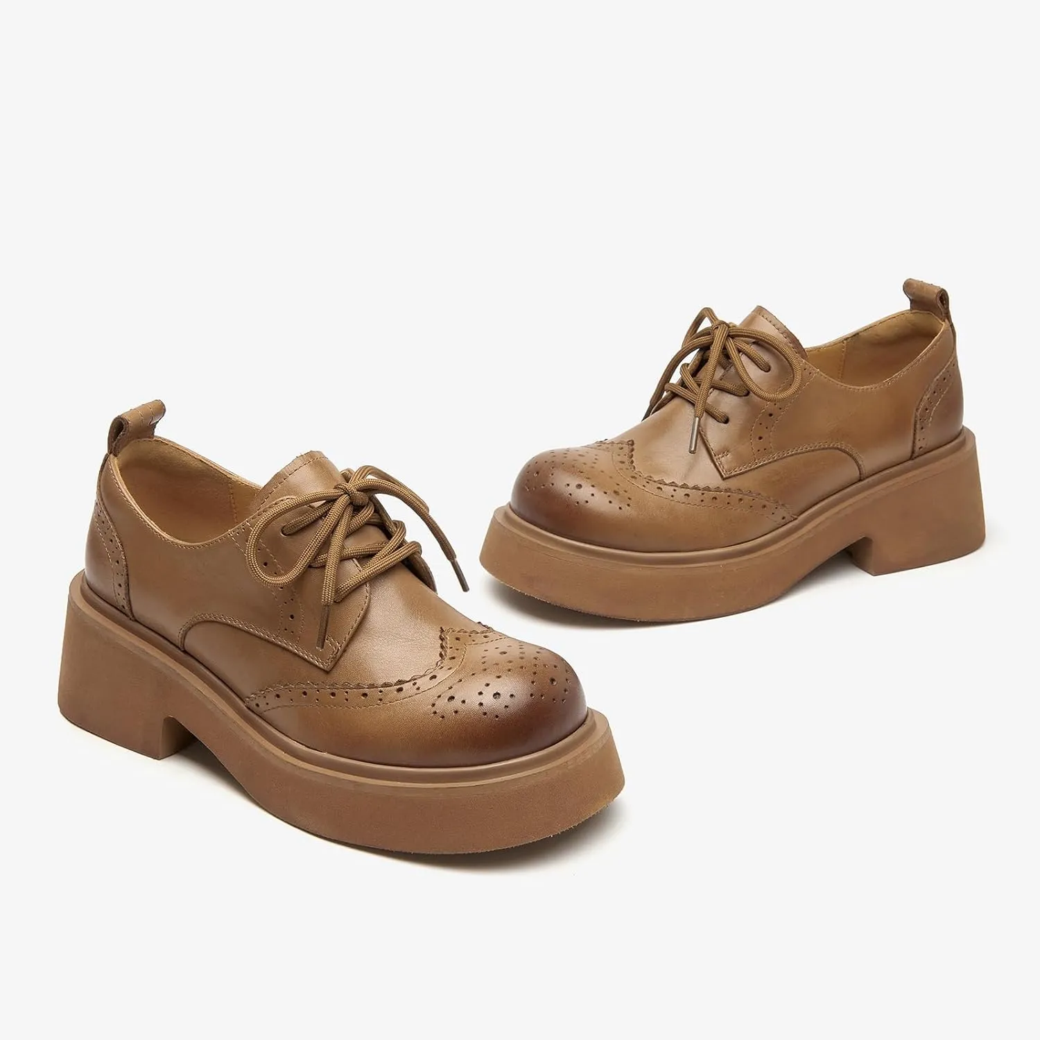 BEAU TODAY Women's Oxfords, Platform Oxfords for Women, Chunky Leather Brogue Wingtip Shoes for Women, Comfortable Business Casual Lace Up Dress Shoes