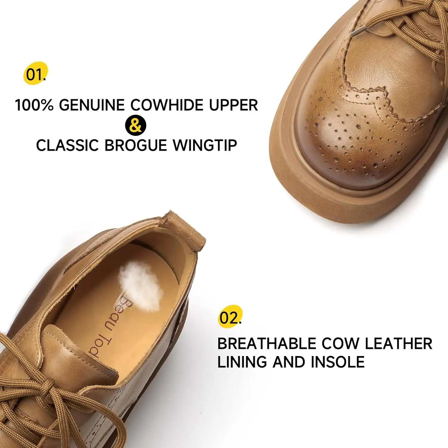 BEAU TODAY Women's Oxfords, Platform Oxfords for Women, Chunky Leather Brogue Wingtip Shoes for Women, Comfortable Business Casual Lace Up Dress Shoes