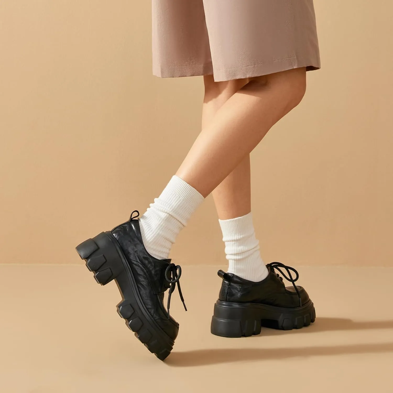 BEAU TODAY Women's Platform Oxford Shoes, Women's Black Oxfords, Chunky Leather Lace-up Dress Oxfords for Women, Comfortable Casual Business Office Work Shoes